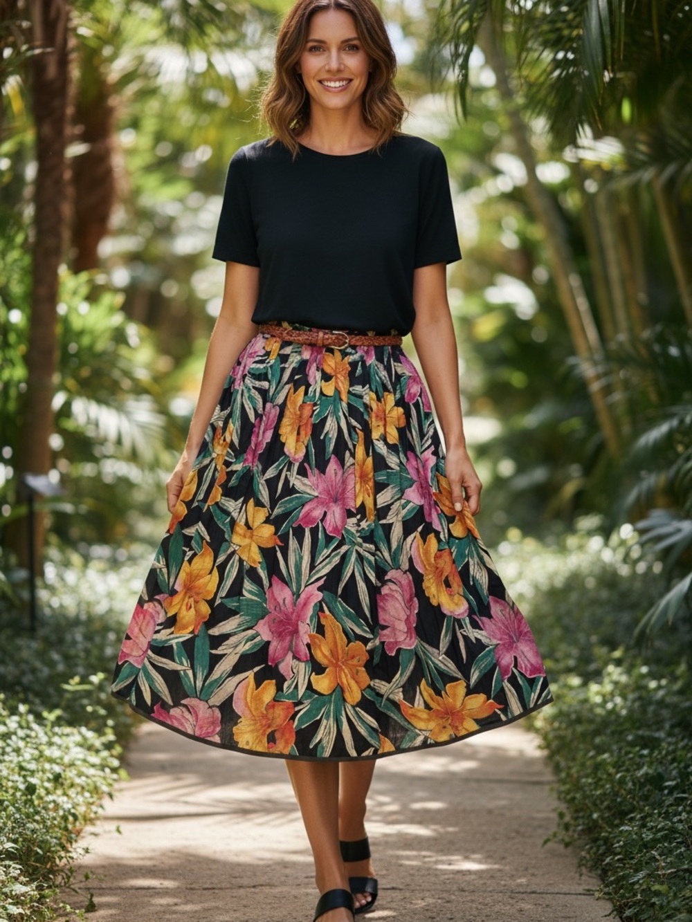 Tropical Floral A-Line Midi Skirt in Black with Pink & Yellow Blossoms